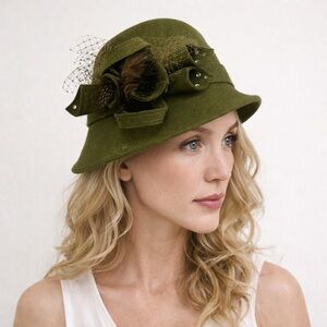 Vintage 100% Wool Olive Green Felt Bucket Style Hat with Feather Jewel Mesh